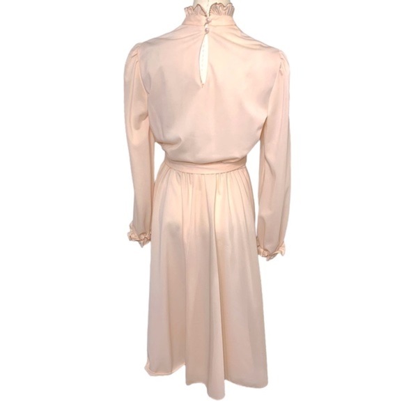 VINTAGE 70s Pink Prairie Dress Cottage Secretary Ruffle Neck Long Sleeves S/M - Picture 4 of 13